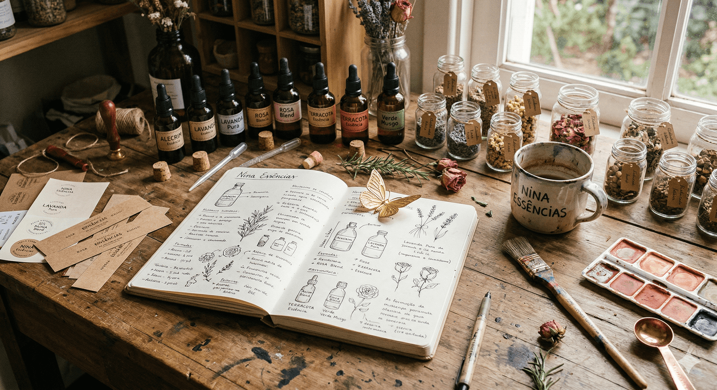 Atelier da Nina Essências — bancada com frascos, ervas secas e caderno botânico